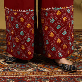  Red Cotton Bengal Kantha Hand Embroidery Palazzo