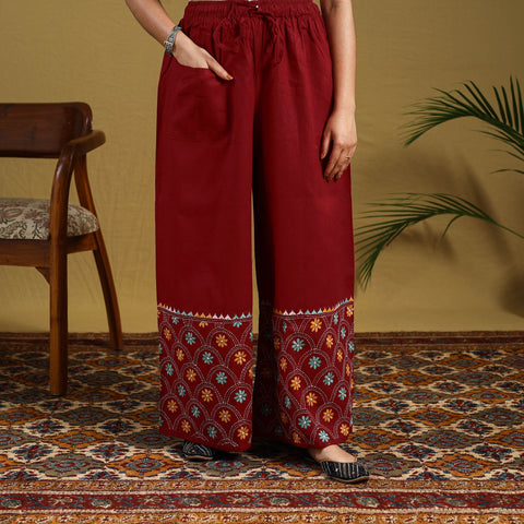 Red Cotton Bengal Kantha Hand Embroidery Palazzo