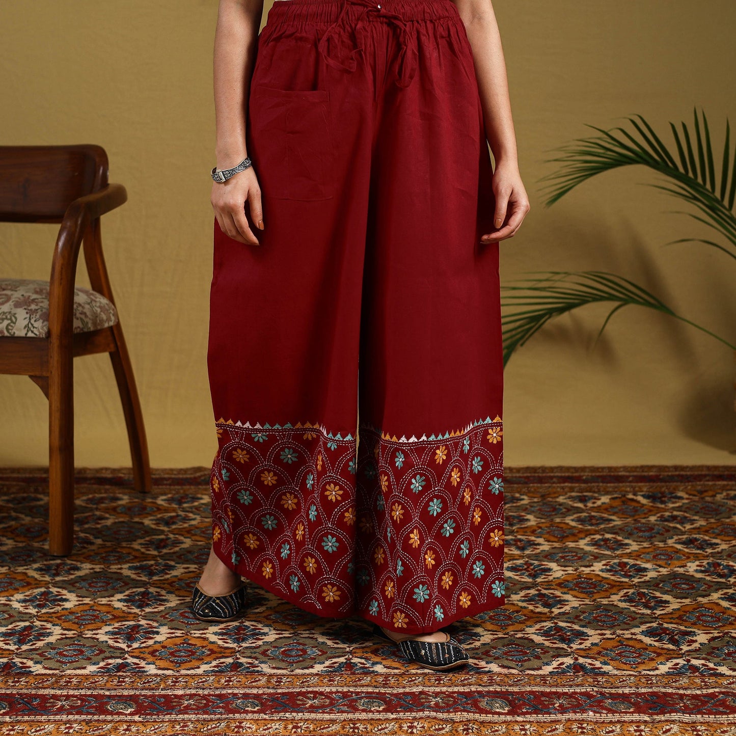  Red Cotton Bengal Kantha Hand Embroidery Palazzo