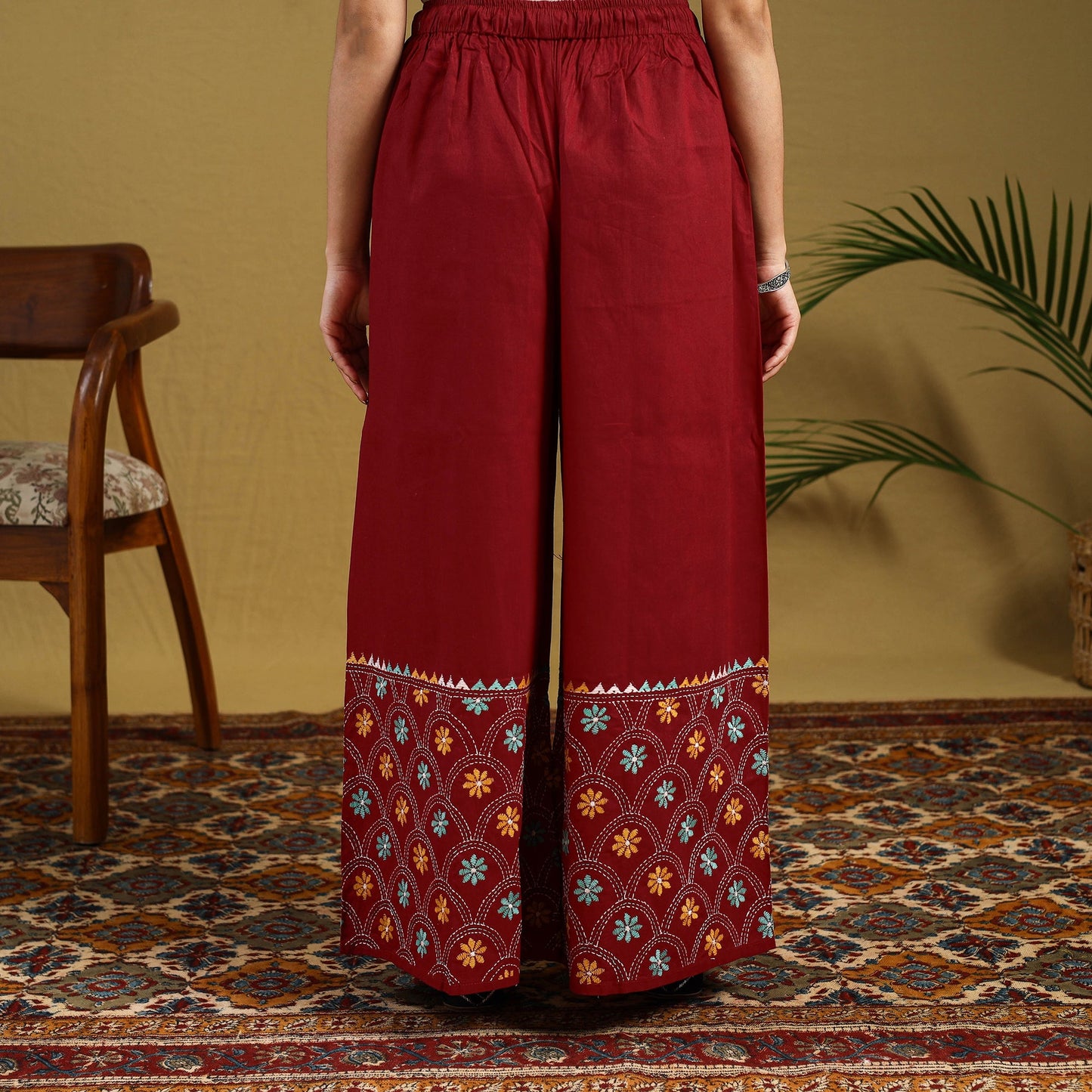  Red Cotton Bengal Kantha Hand Embroidery Palazzo