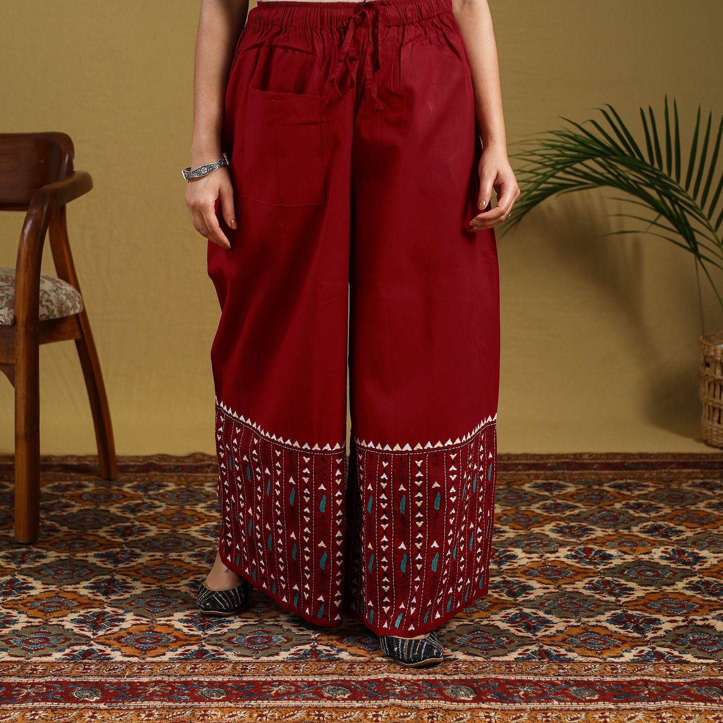 Buy Red Cotton Bengal Kantha Hand Embroidery Palazzo