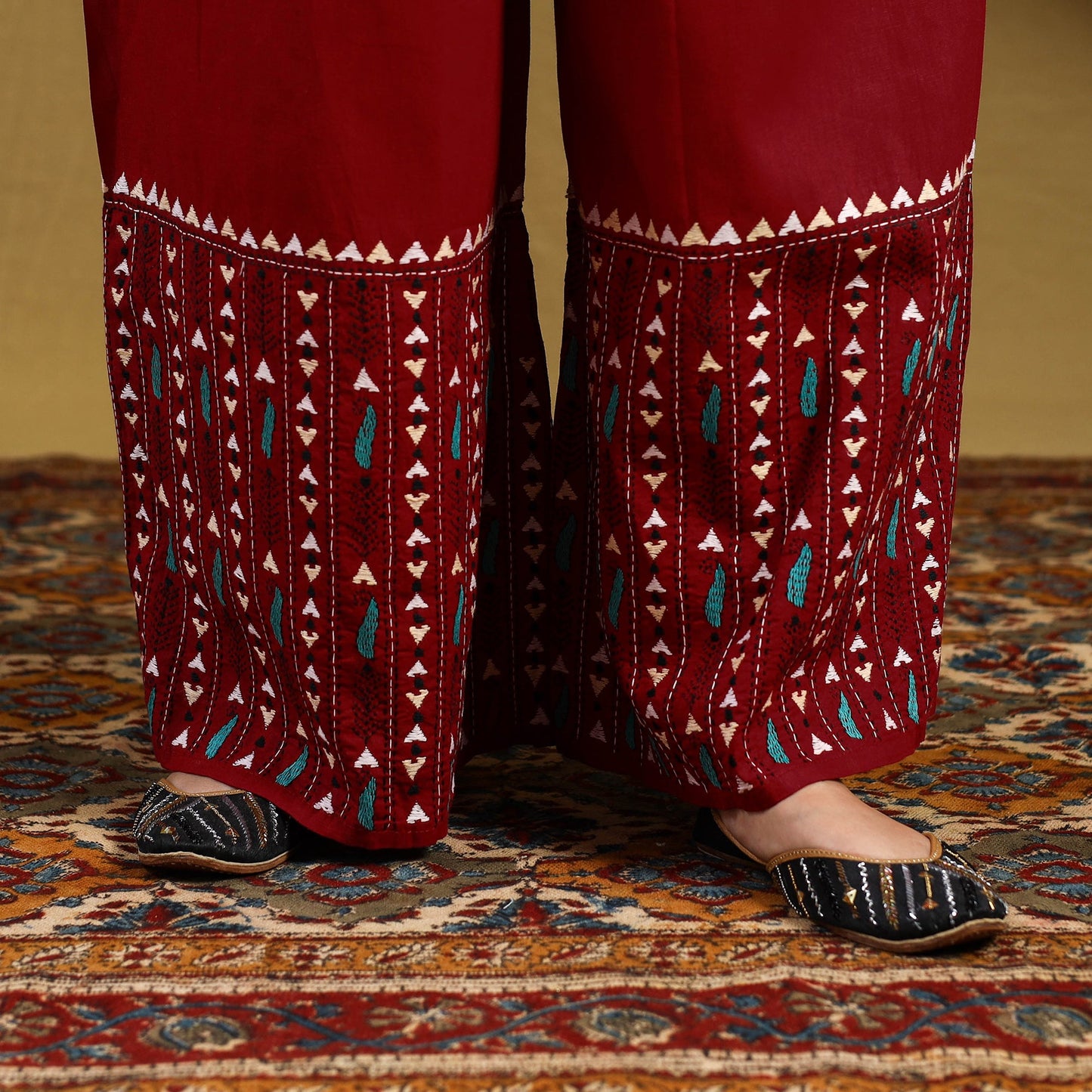 Buy Red Cotton Bengal Kantha Hand Embroidery Palazzo