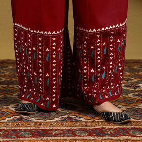 Buy Red Cotton Bengal Kantha Hand Embroidery Palazzo