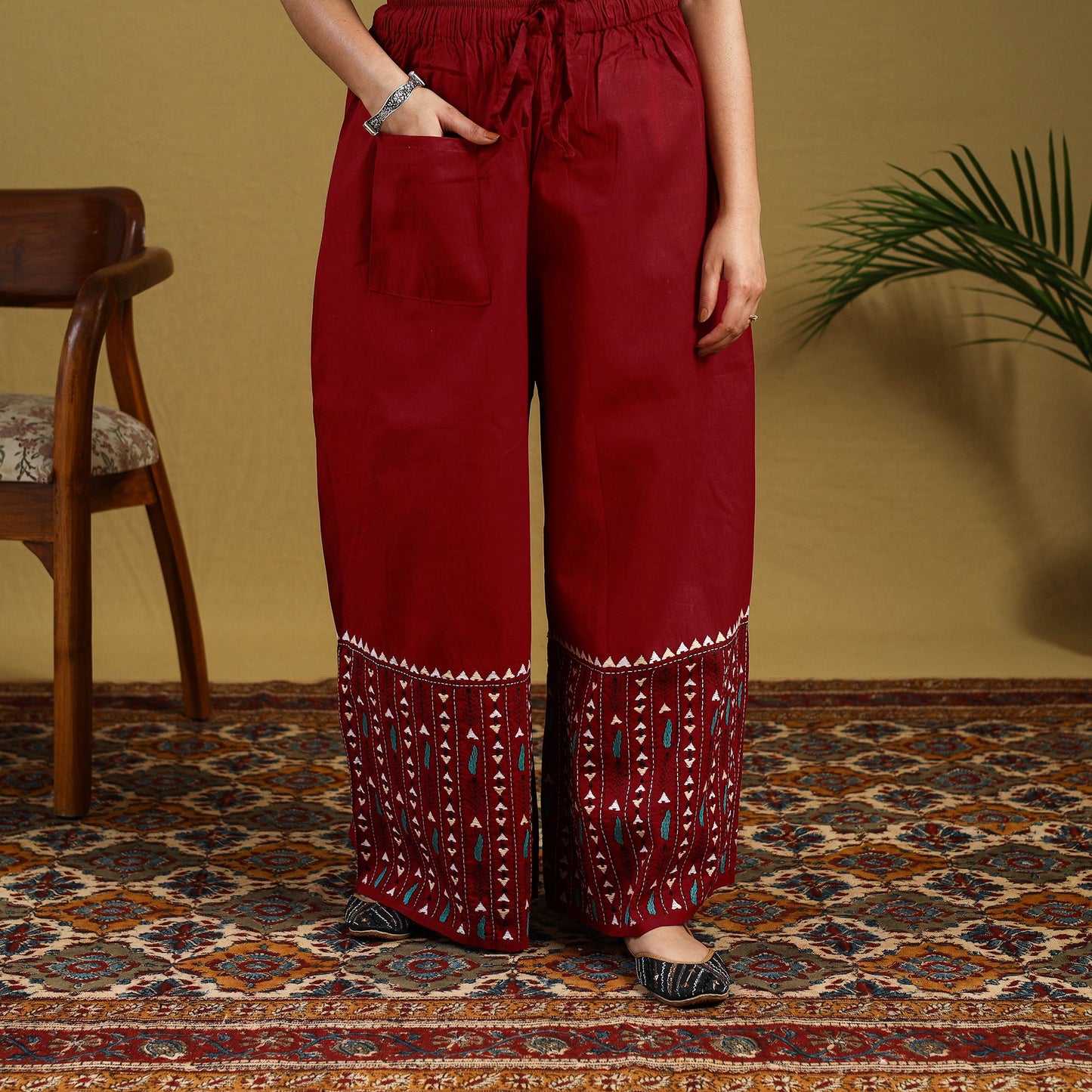 Buy Red Cotton Bengal Kantha Hand Embroidery Palazzo