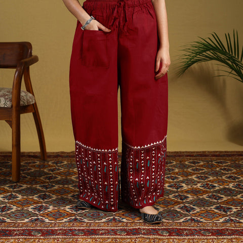 Buy Red Cotton Bengal Kantha Hand Embroidery Palazzo