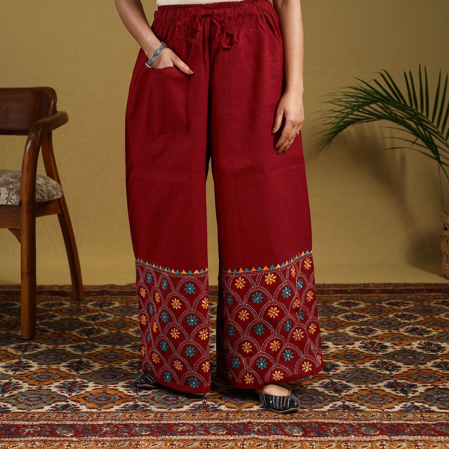 Red - cotton bengal kantha hand embroidery palazzo 36