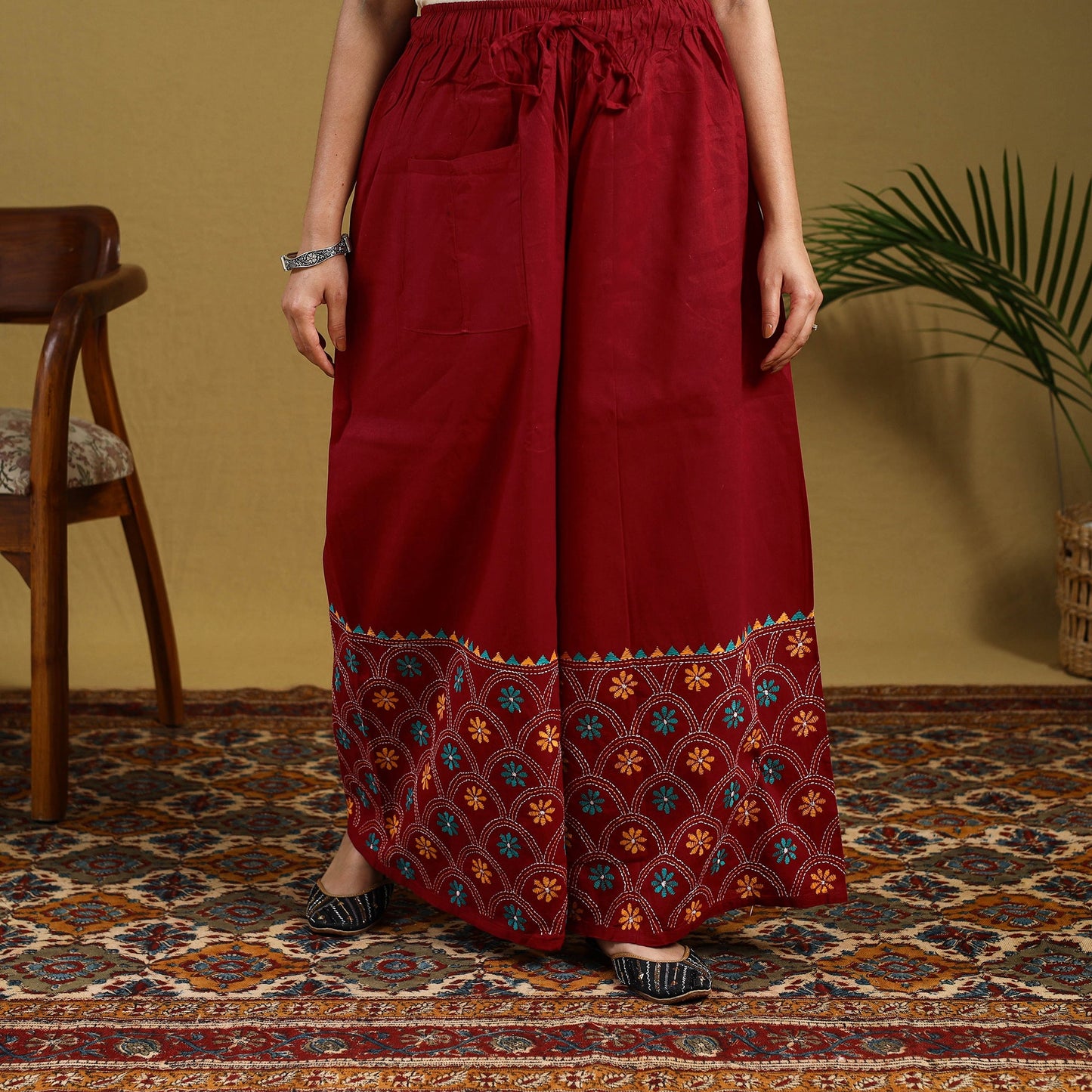 Red - cotton bengal kantha hand embroidery palazzo 36