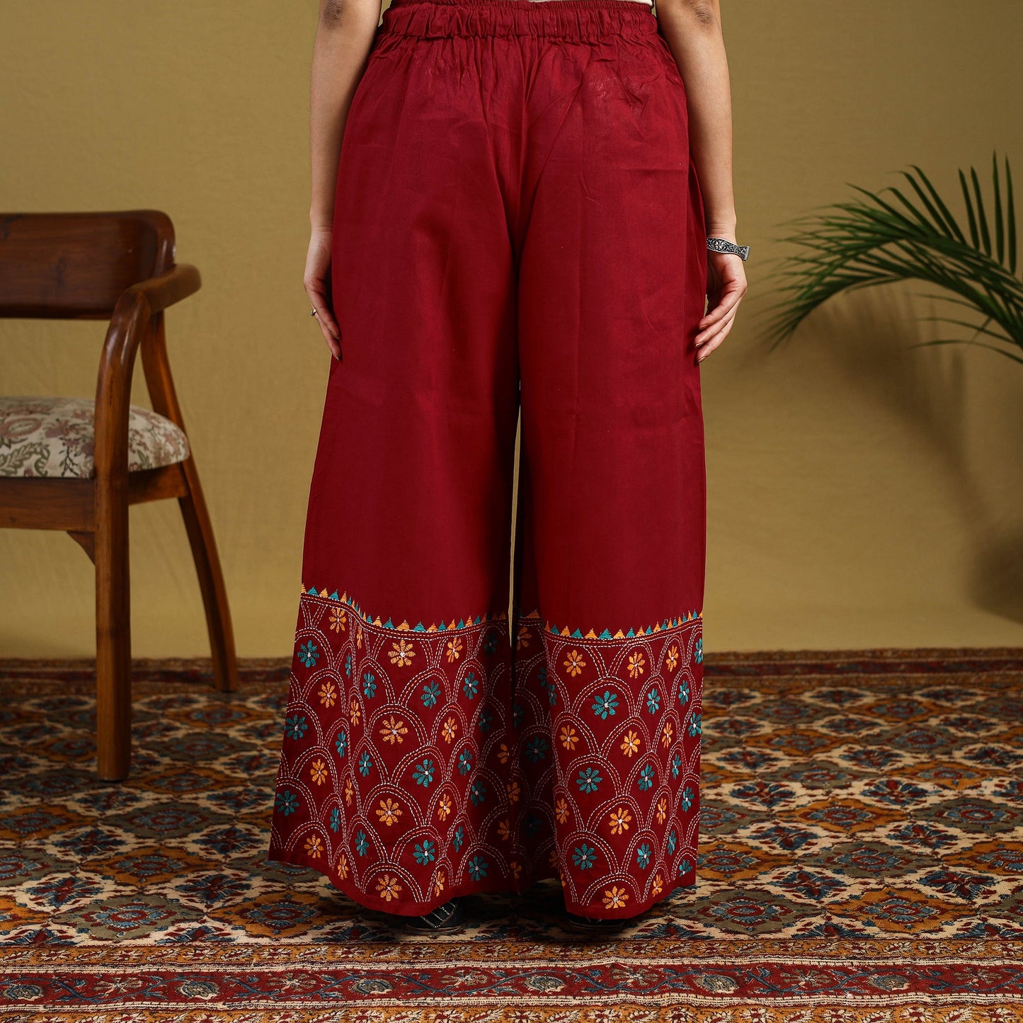 Red - cotton bengal kantha hand embroidery palazzo 36