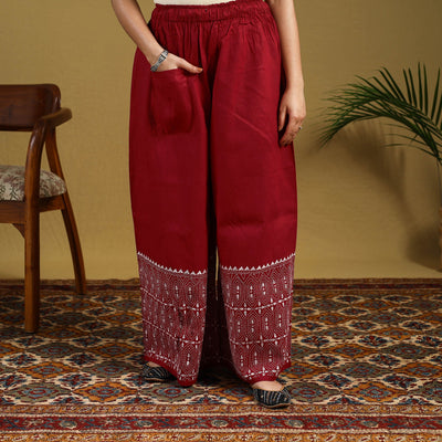 Red - cotton bengal kantha hand embroidery palazzo 37