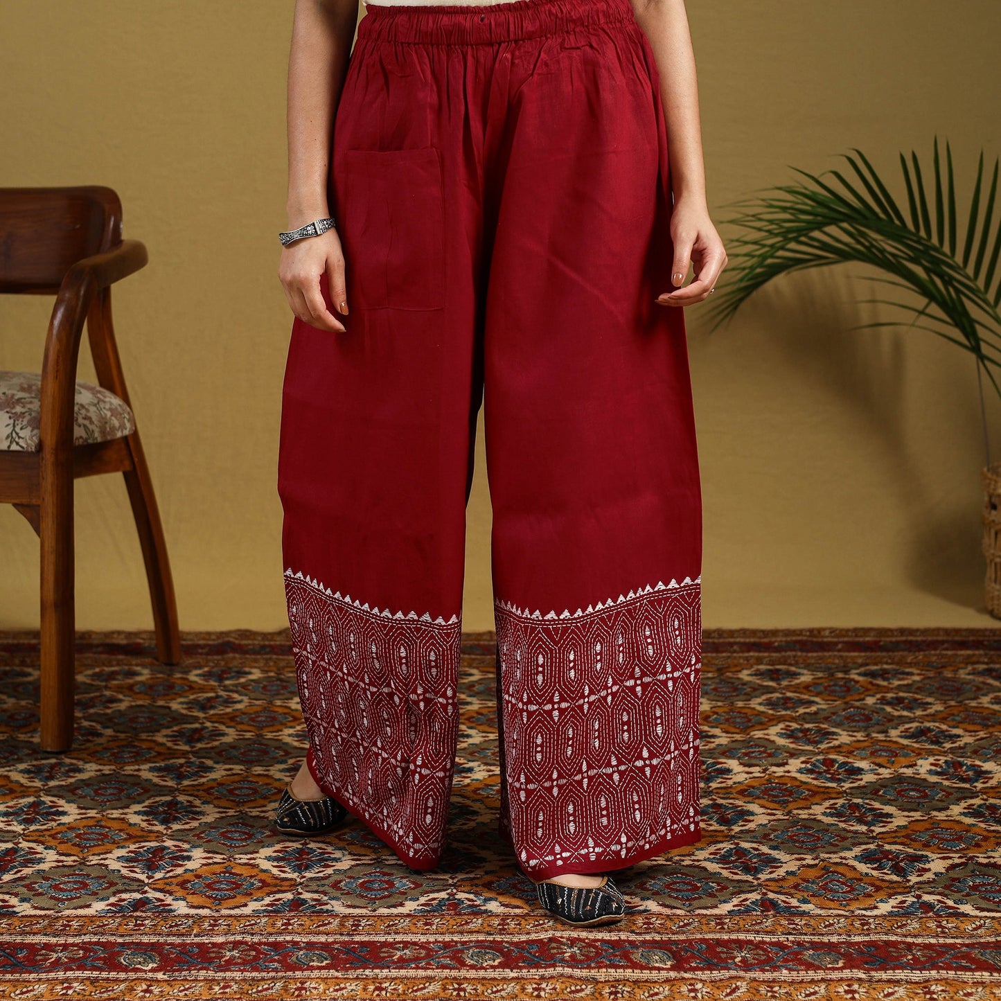 Red - cotton bengal kantha hand embroidery palazzo 37