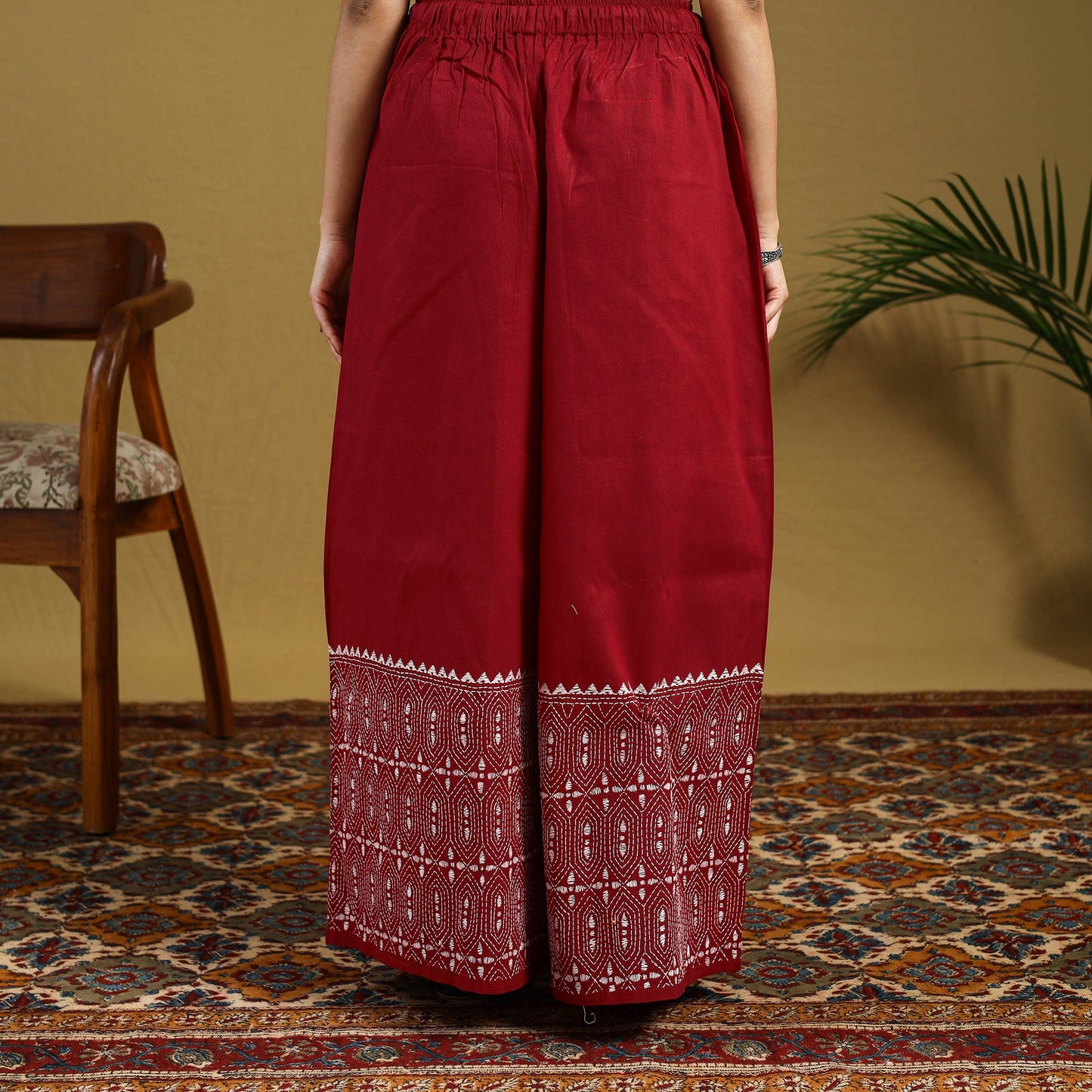 Red - cotton bengal kantha hand embroidery palazzo 37