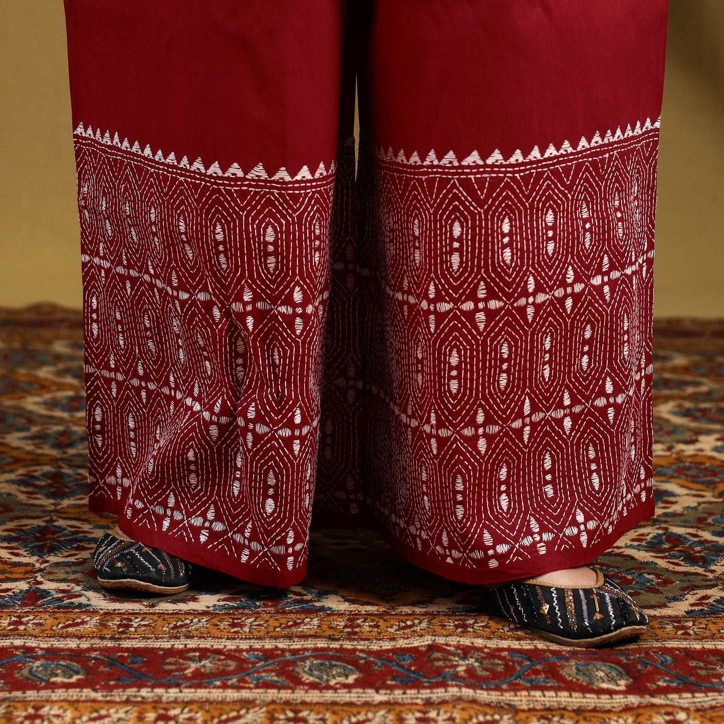 Red - cotton bengal kantha hand embroidery palazzo 37