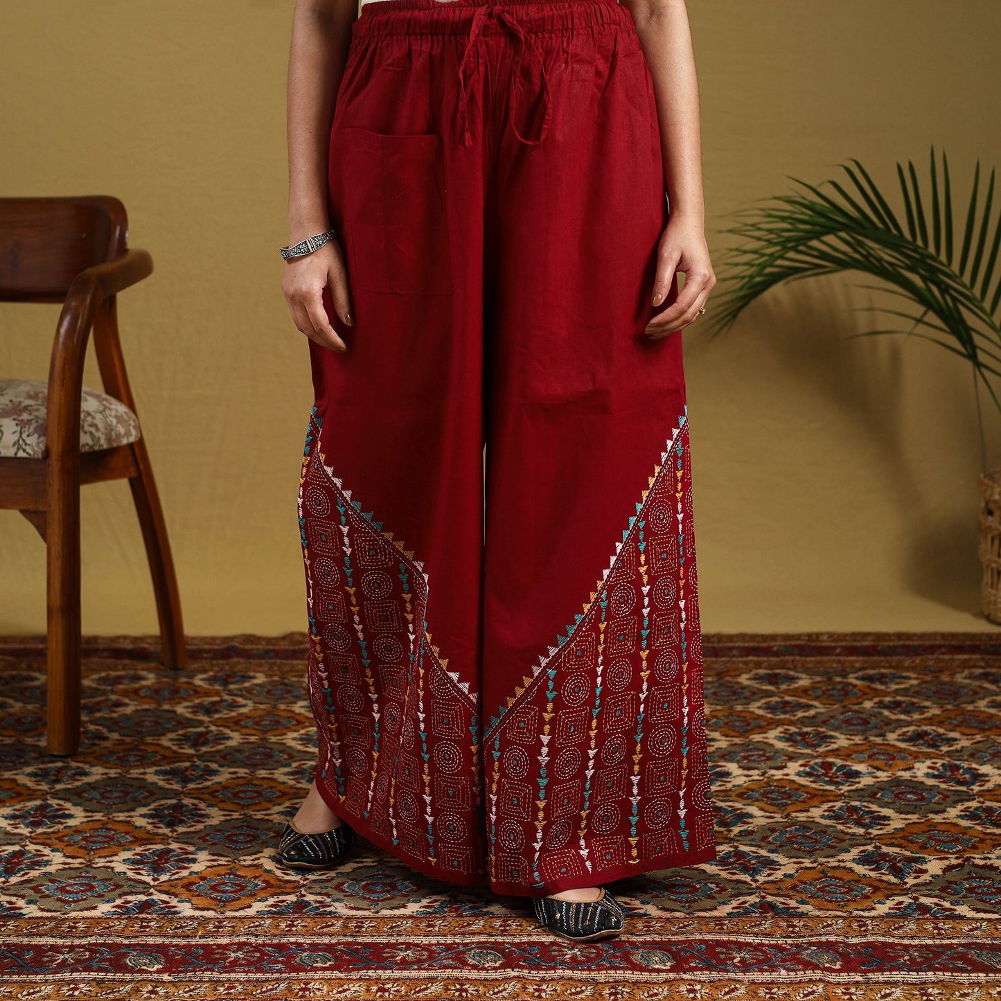 Red Cotton Bengal Kantha Hand Embroidery Palazzo