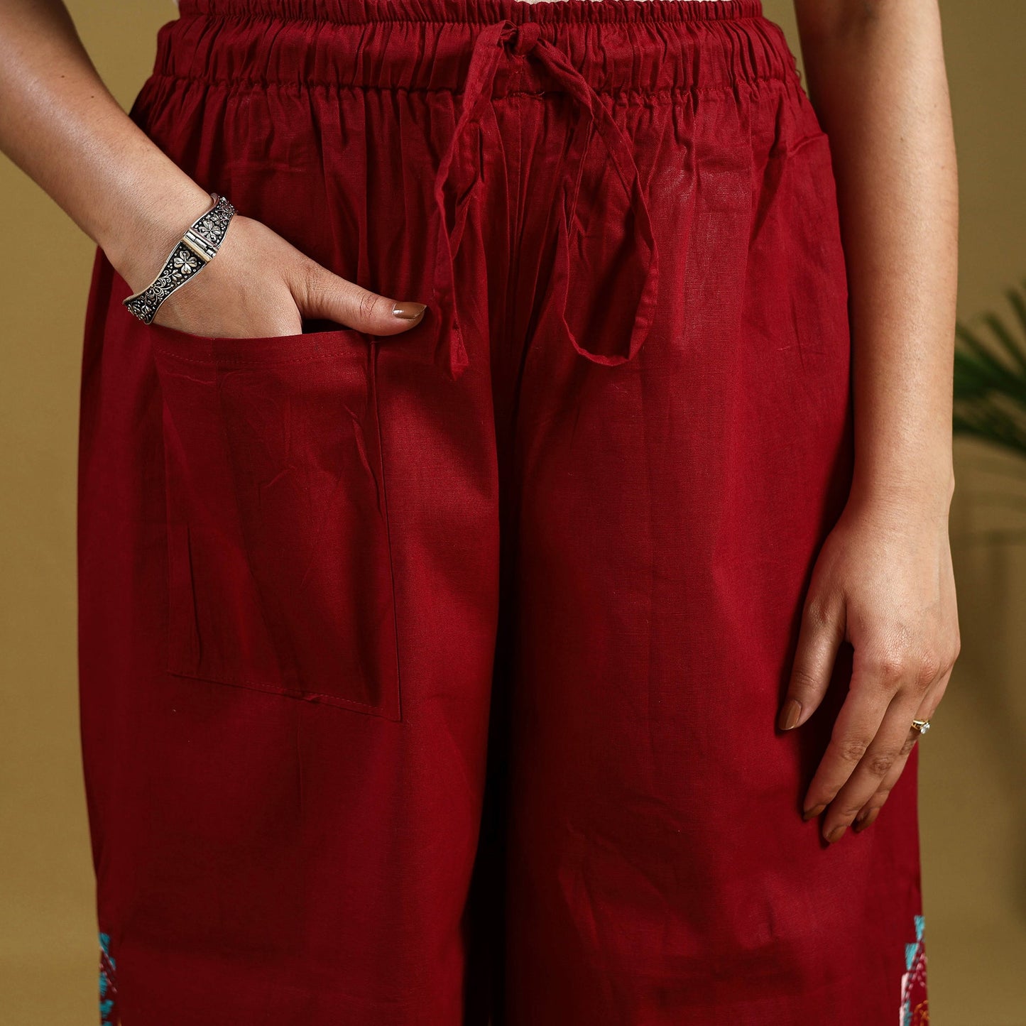 Red Cotton Bengal Kantha Hand Embroidery Palazzo