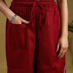 Red Cotton Bengal Kantha Hand Embroidery Palazzo