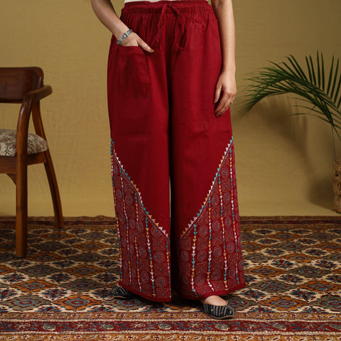 Red Cotton Bengal Kantha Hand Embroidery Palazzo
