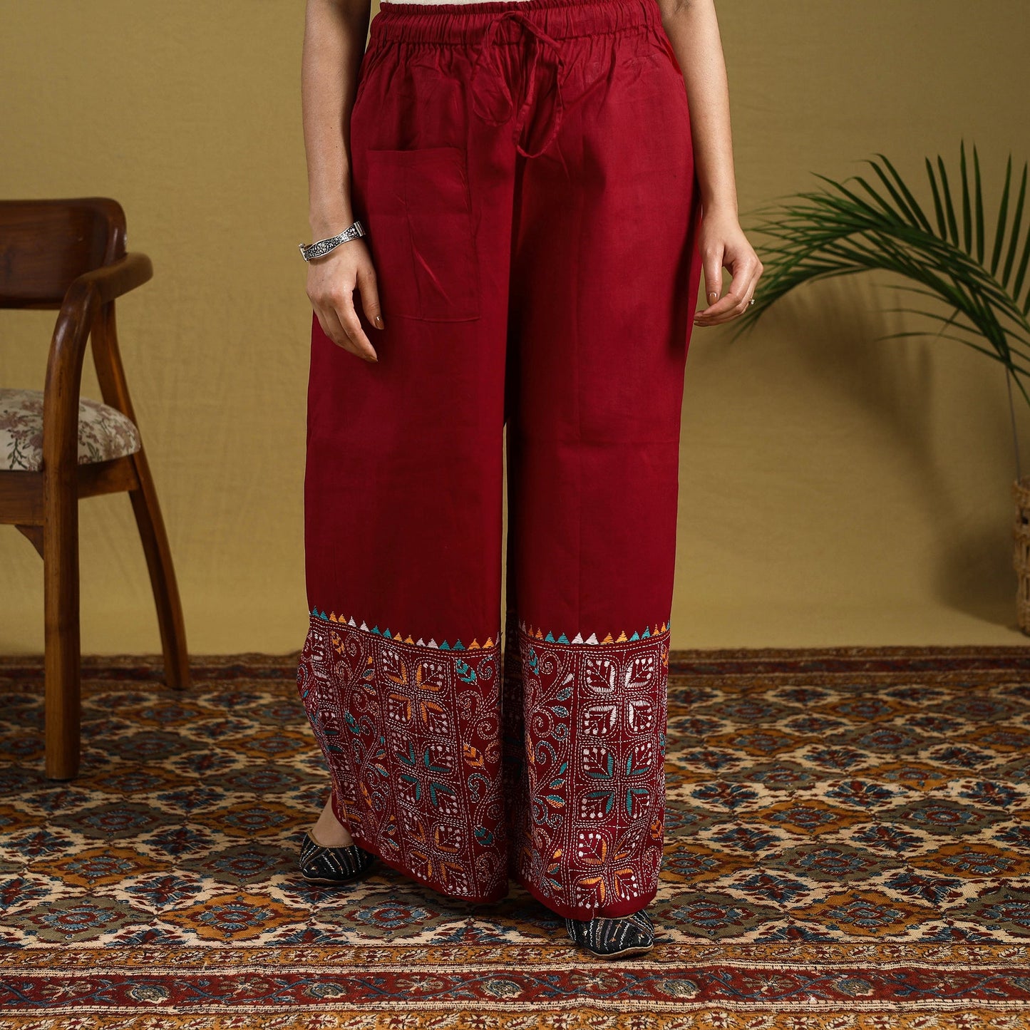 Red - cotton bengal kantha hand embroidery palazzo 42