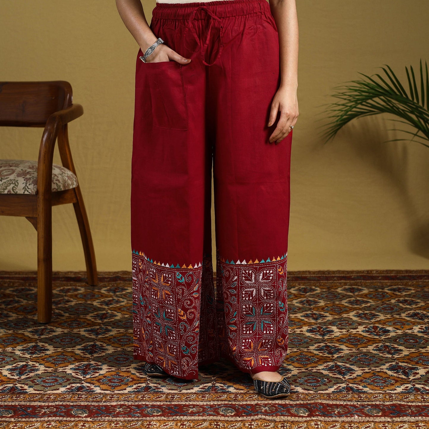 Red - cotton bengal kantha hand embroidery palazzo 42