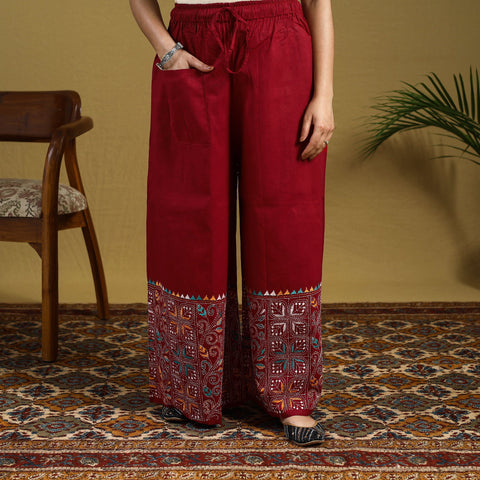Red - cotton bengal kantha hand embroidery palazzo 42