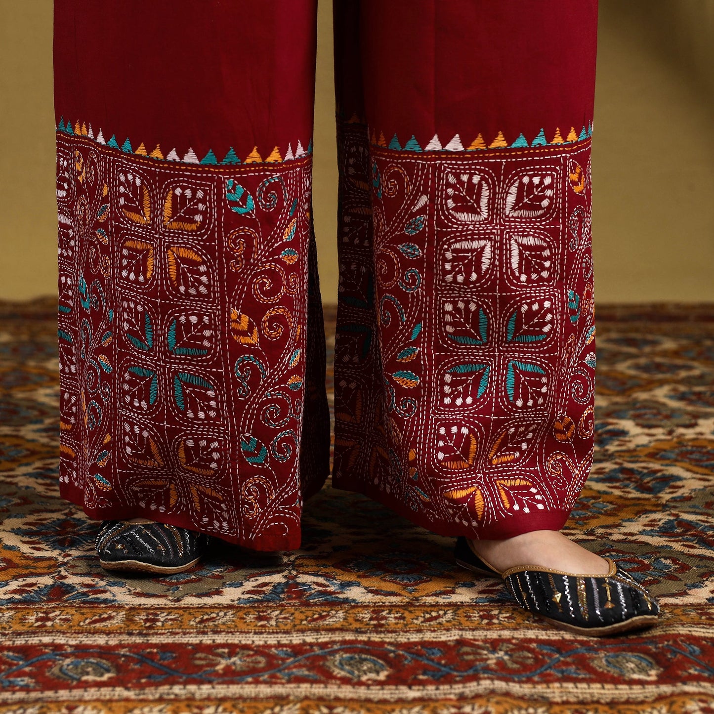 Red - cotton bengal kantha hand embroidery palazzo 42