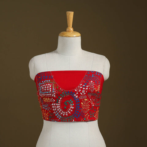 Red Cotton Bengal Kantha Stitch Blouse Piece 