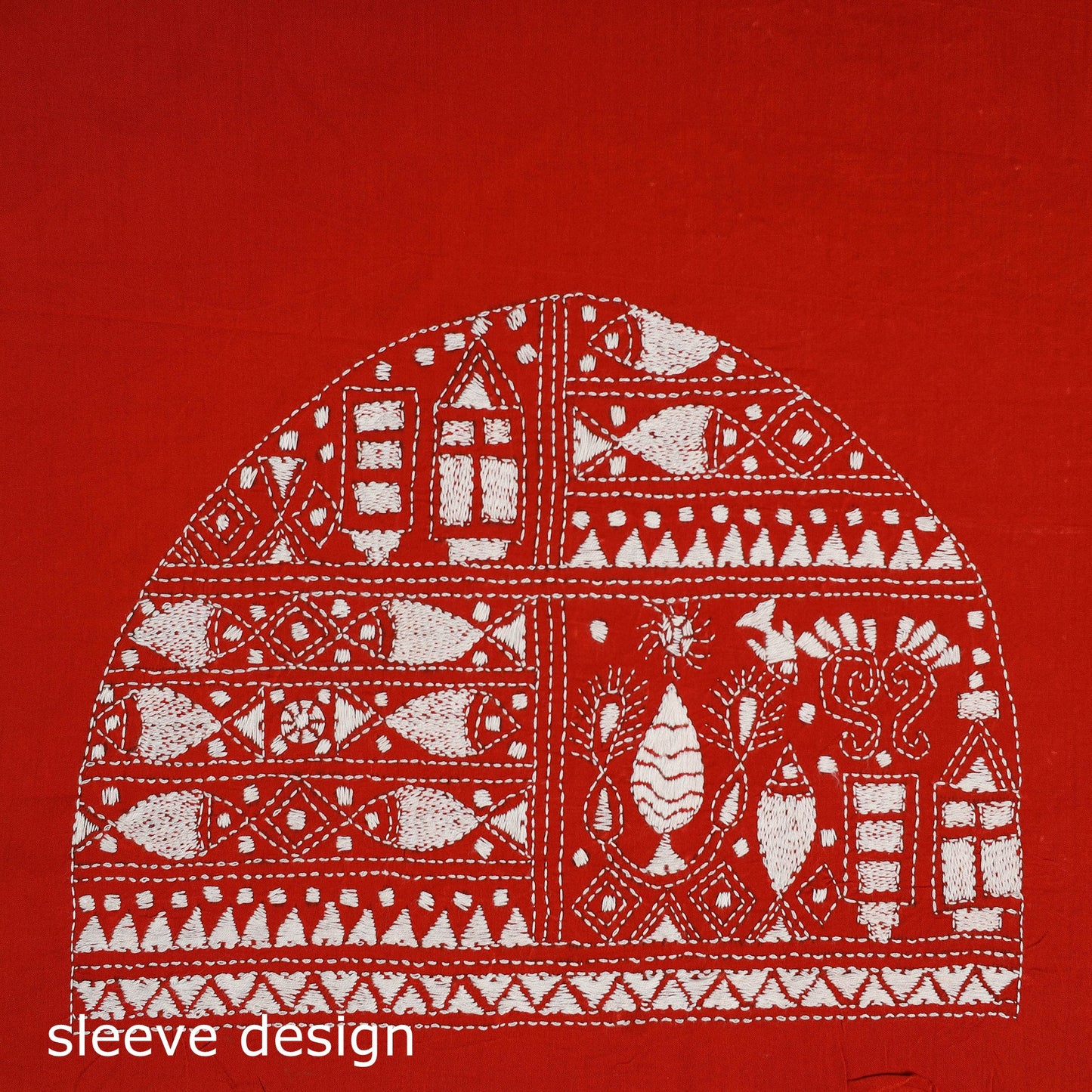 Red Cotton Bengal Kantha Stitch Blouse Piece 