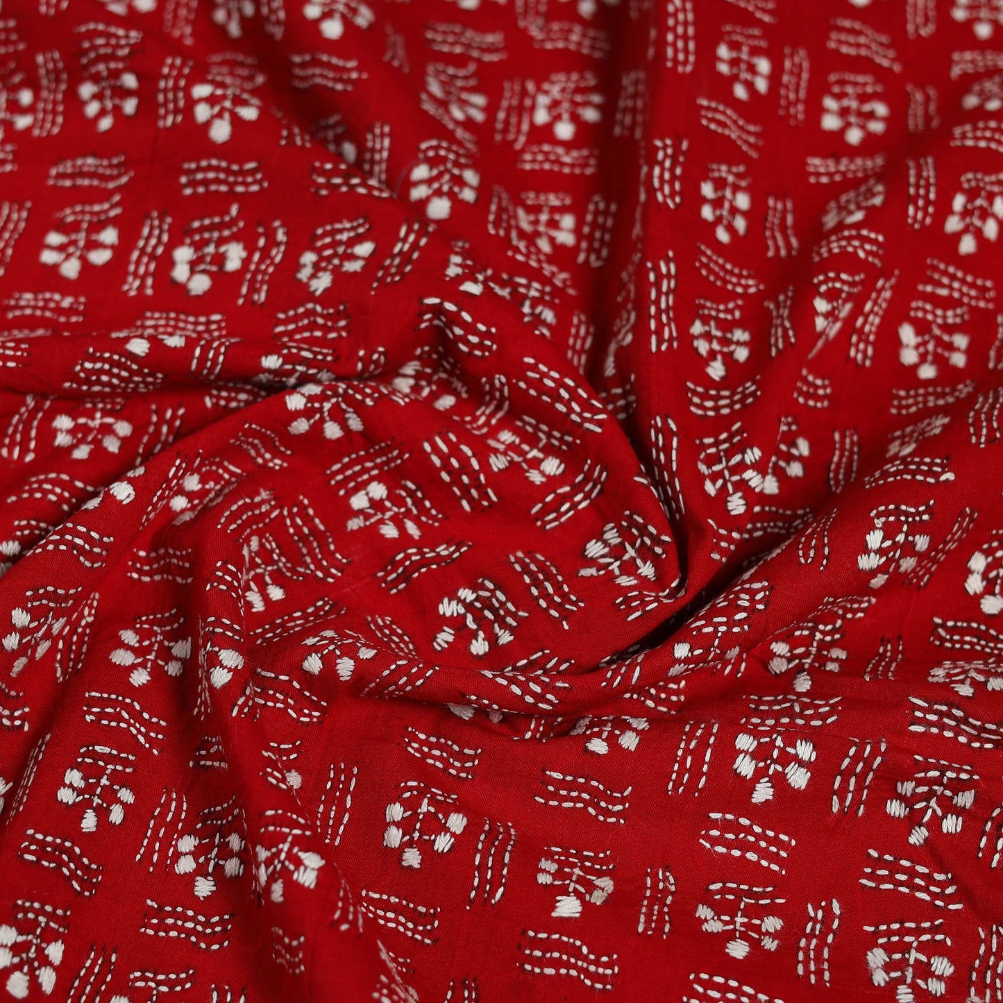 Red Cotton Bengal Kantha Stitch Blouse Piece 