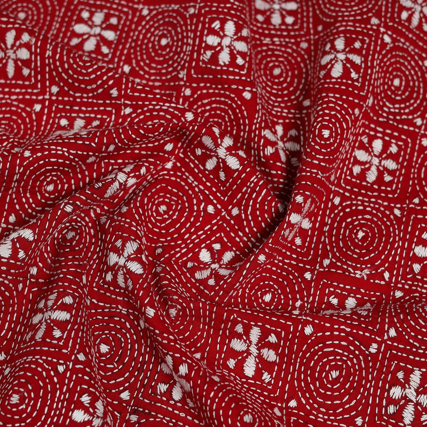 Red Cotton Bengal Kantha Stitch Blouse Piece 