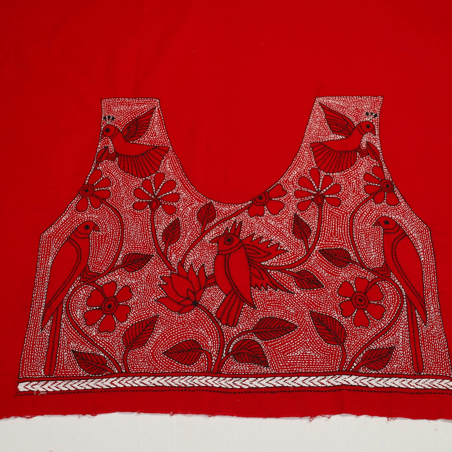 Buy Cotton Red Bengal Kantha Work Blouse Piece