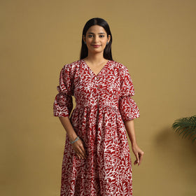 Red Cotton Button Down Hand Batik Print Dress