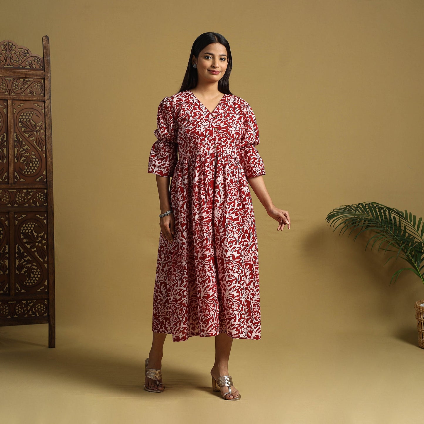 Red Cotton Button Down Hand Batik Print Dress