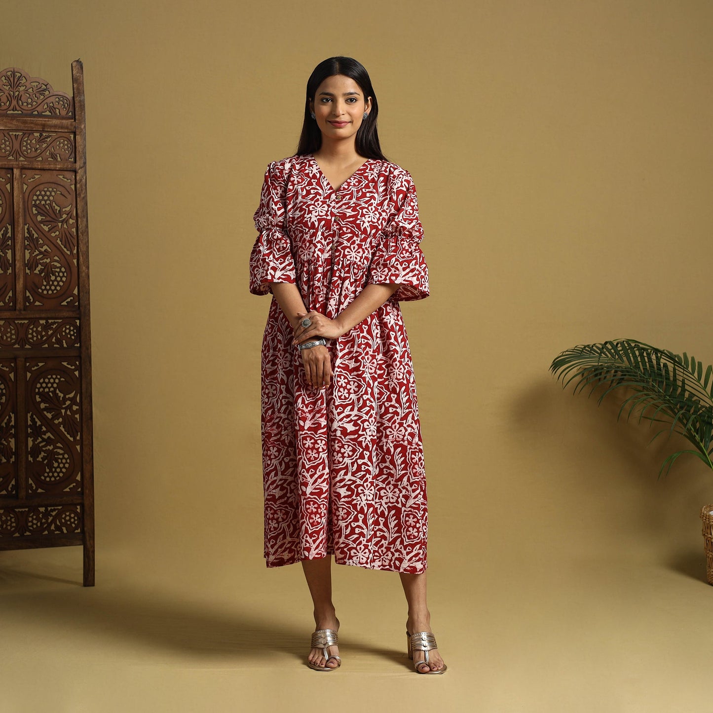 Red Cotton Button Down Hand Batik Print Dress