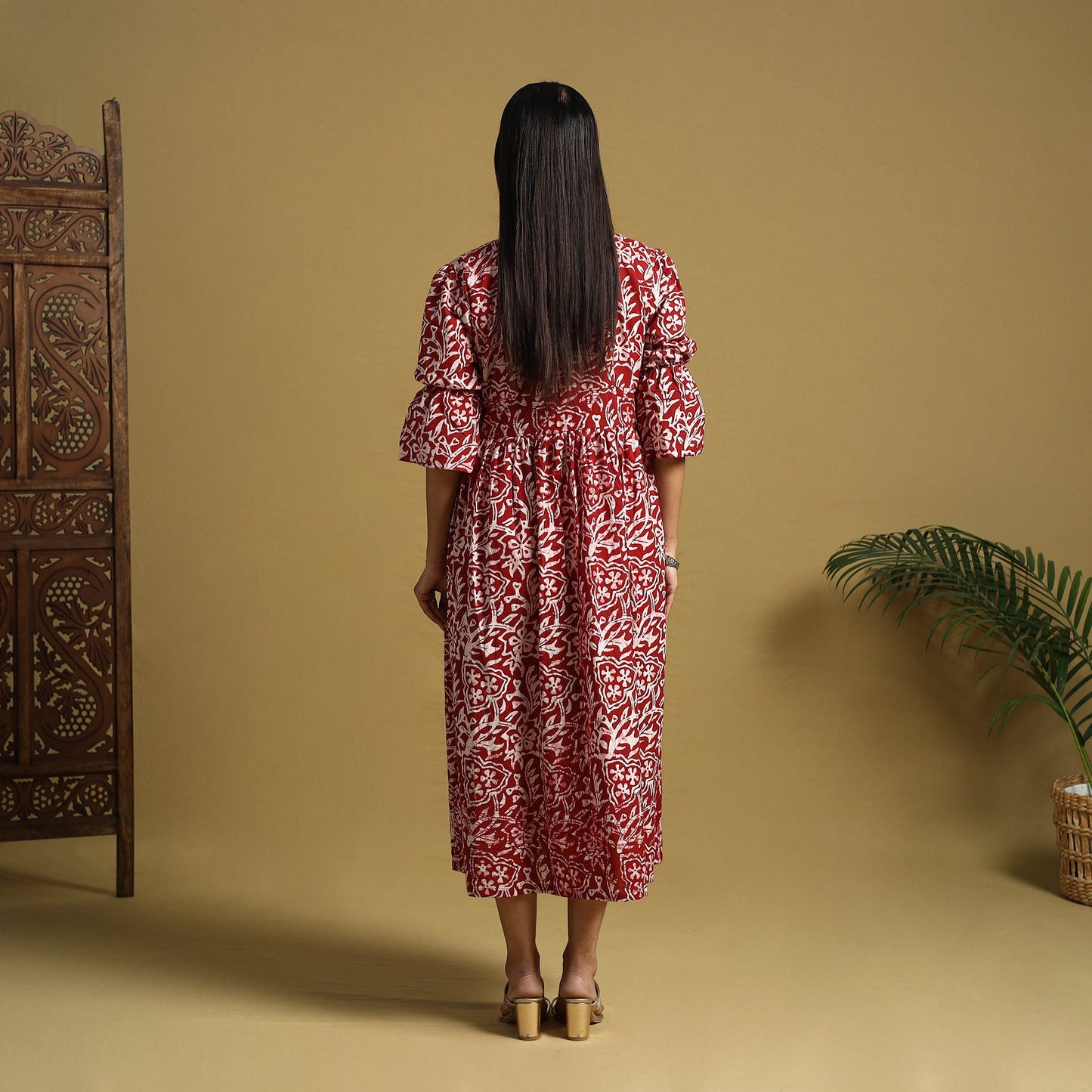 Red Cotton Button Down Hand Batik Print Dress