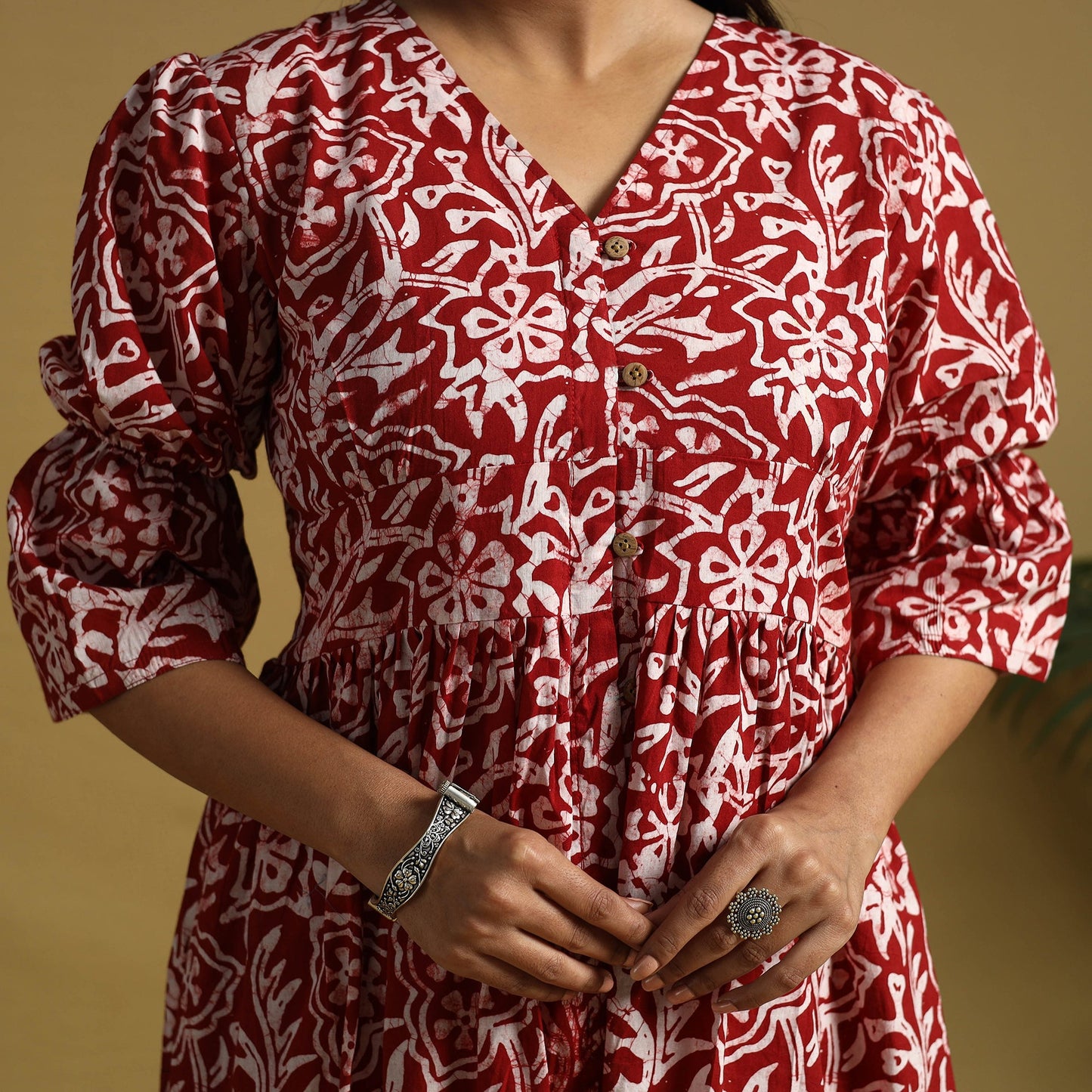 Red Cotton Button Down Hand Batik Print Dress