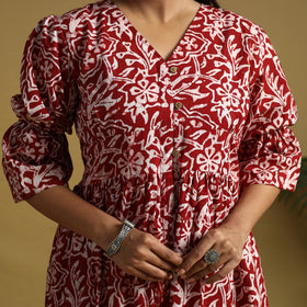 Red Cotton Button Down Hand Batik Print Dress
