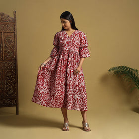 Red Cotton Button Down Hand Batik Print Dress