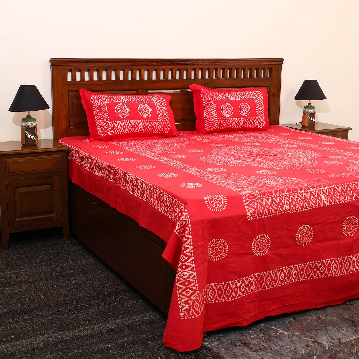 Red - cotton double hand batik bed sheet set 01