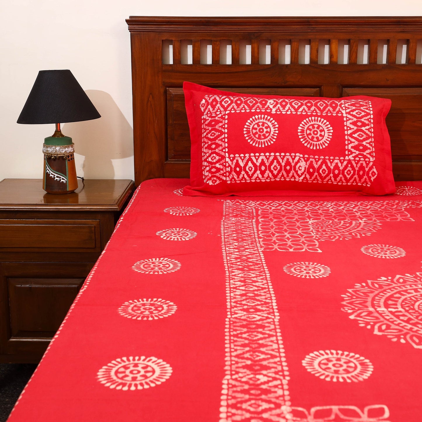 Red - cotton double hand batik bed sheet set 01