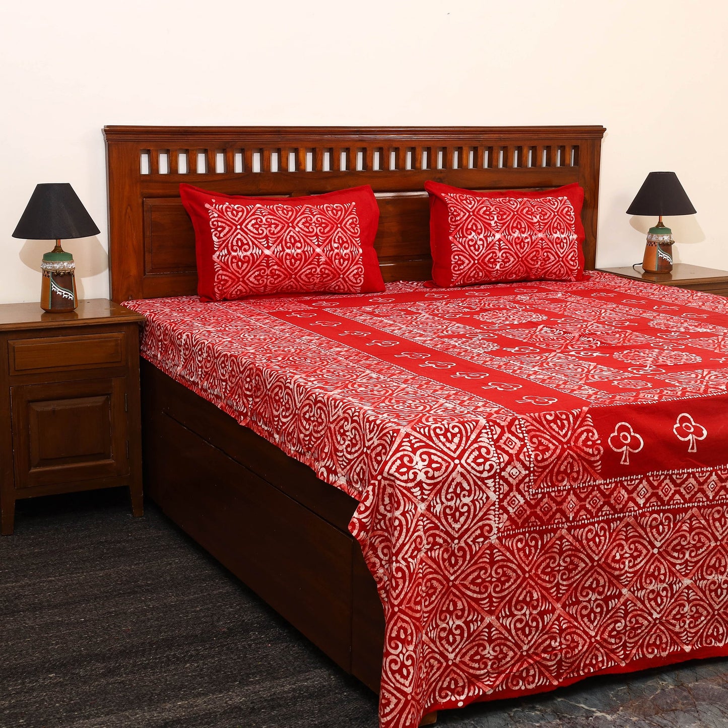Buy Red Cotton Double Hand Batik Print Bed Sheet Set