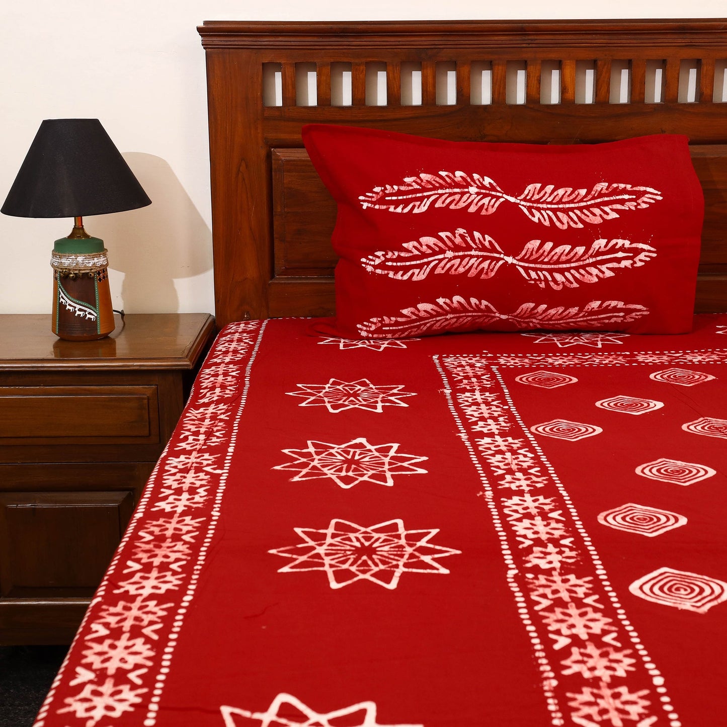 Buy Red Cotton Double Hand Batik Print Bed Sheet Set