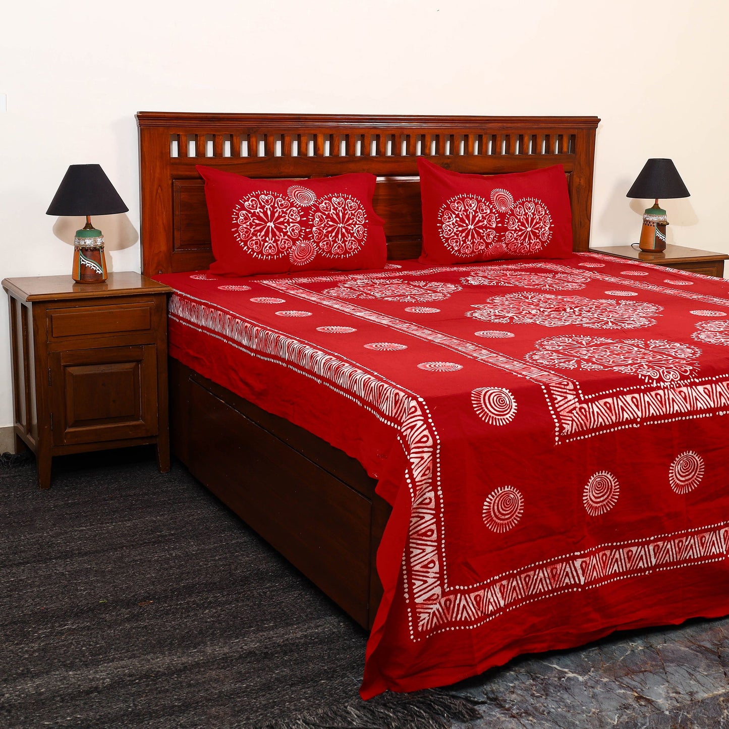 Red - cotton double hand batik bed sheet set 40