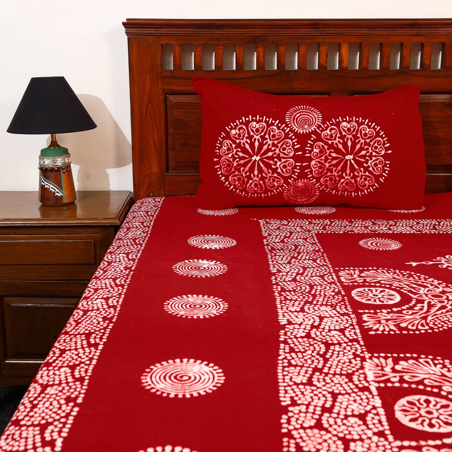 Red - Cotton Double Hand Batik Print Bed Sheet Set 42