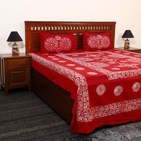 Red - Cotton Double Hand Batik Print Bed Sheet Set 42