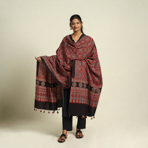 Buy Red Block Print Cotton Ajrakh Dupatta With Tassels