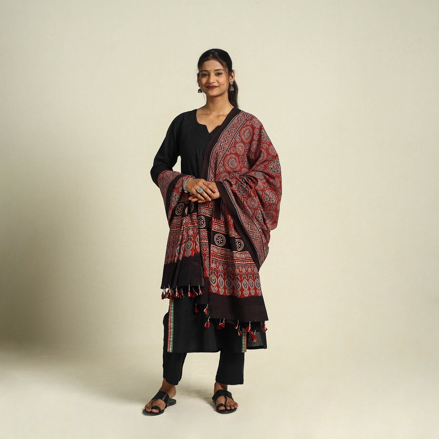 Buy Red Block Print Cotton Ajrakh Dupatta With Tassels