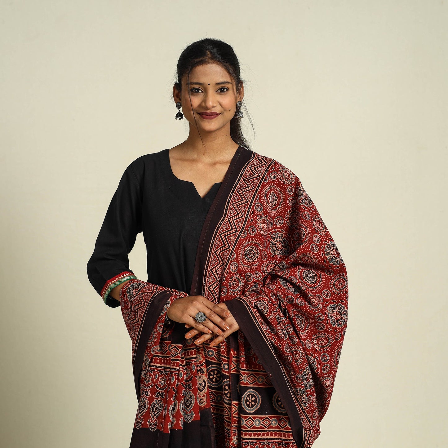 Buy Red Block Print Cotton Ajrakh Dupatta With Tassels