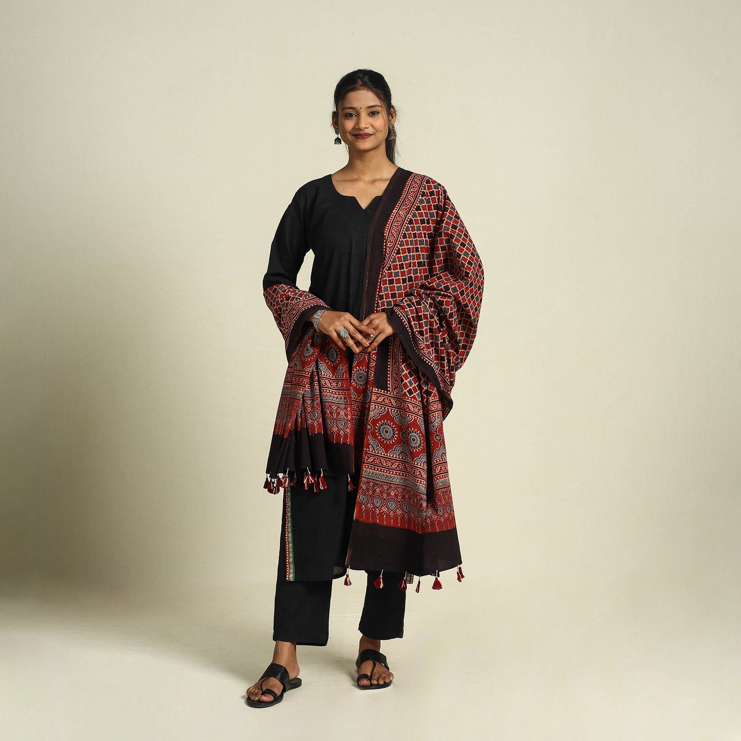 Buy Multicolor Block Print Cotton Ajrakh Dupatta With Tassels