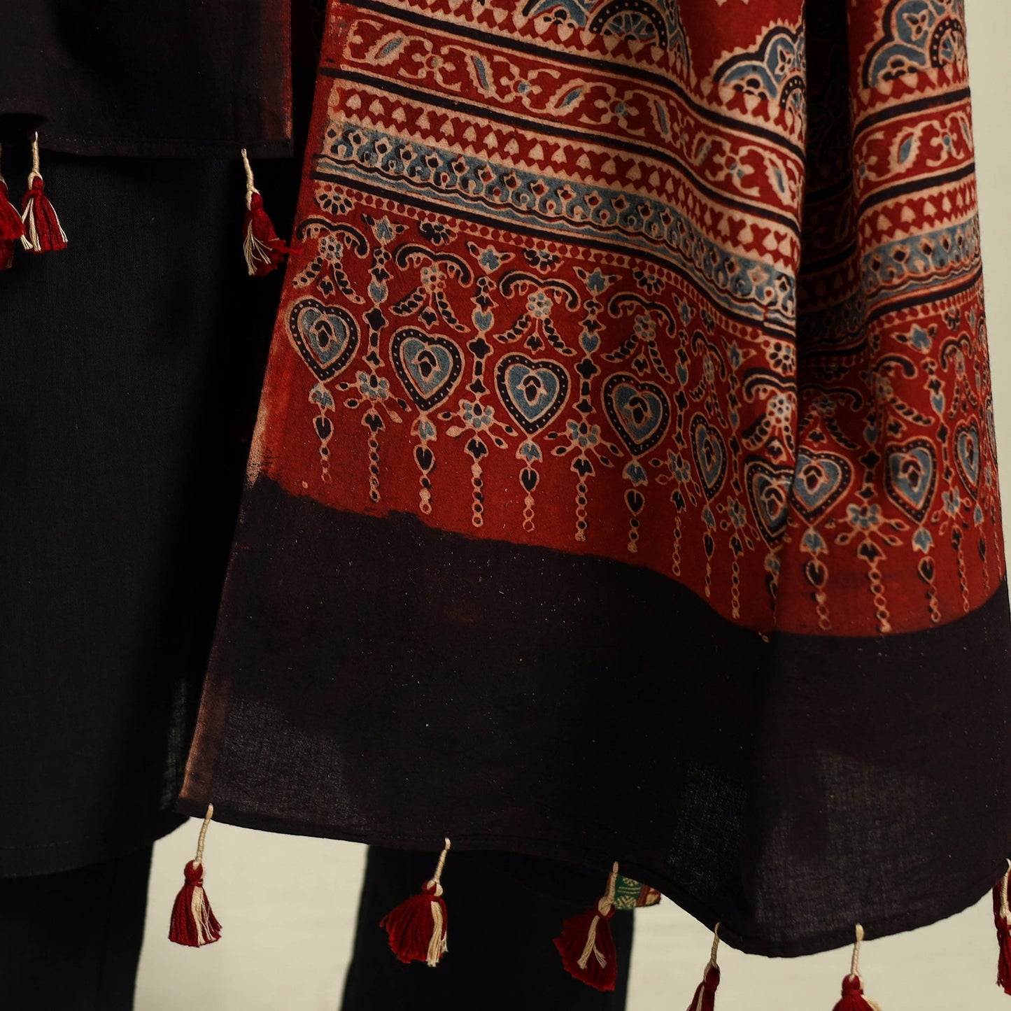 Buy Multicolor Block Print Cotton Ajrakh Dupatta With Tassels