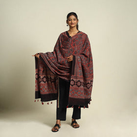 Block Print Cotton Ajrakh Dupatta With Tassels