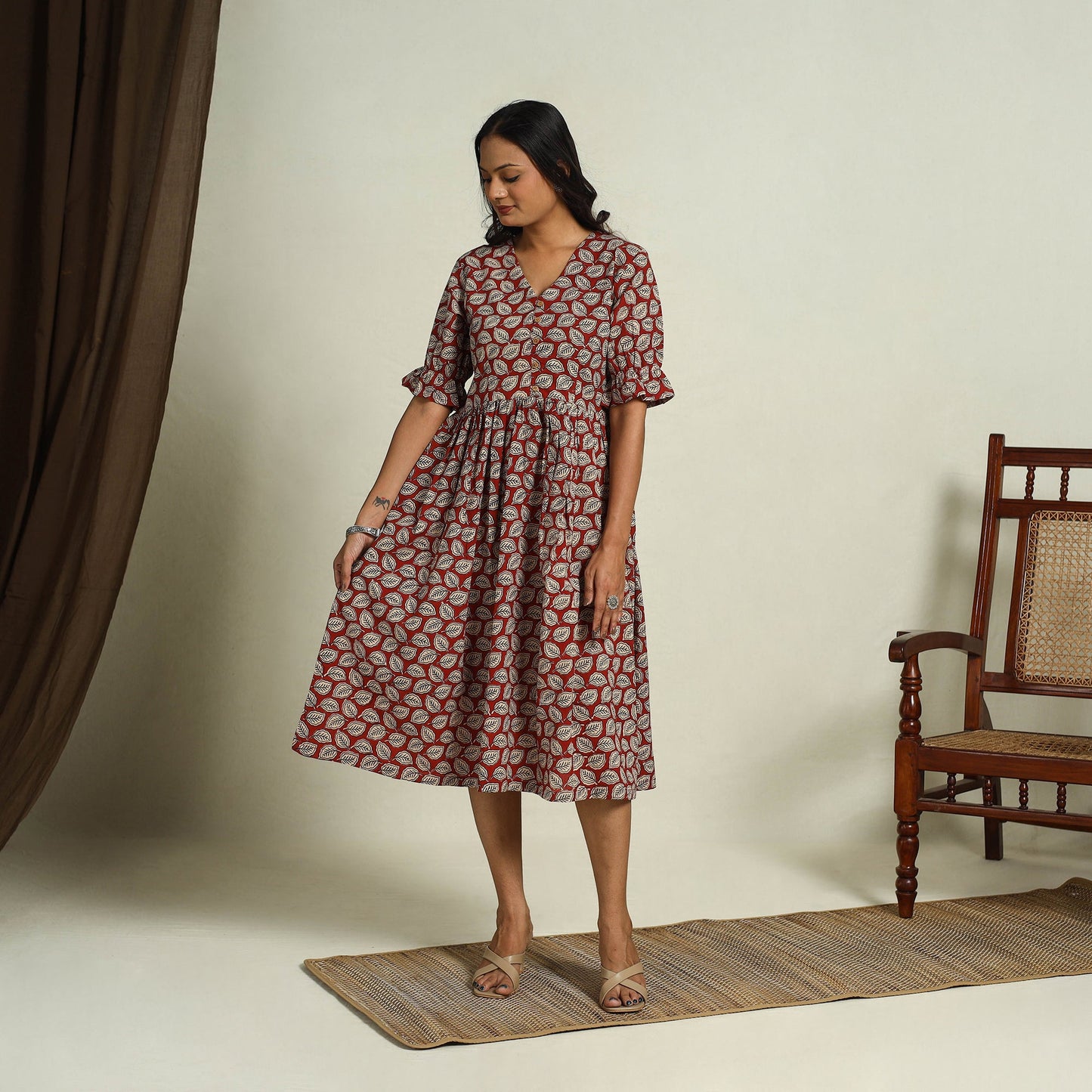 Buy Red Block Print Cotton Flared Bagru Dress